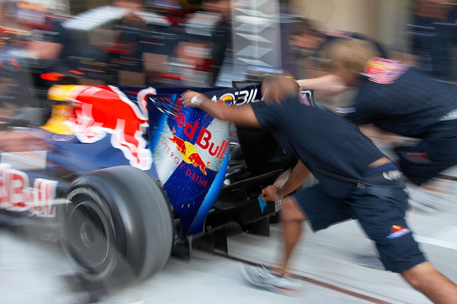On Thursday afternoon, the Red Bull mechanics practise pit stops