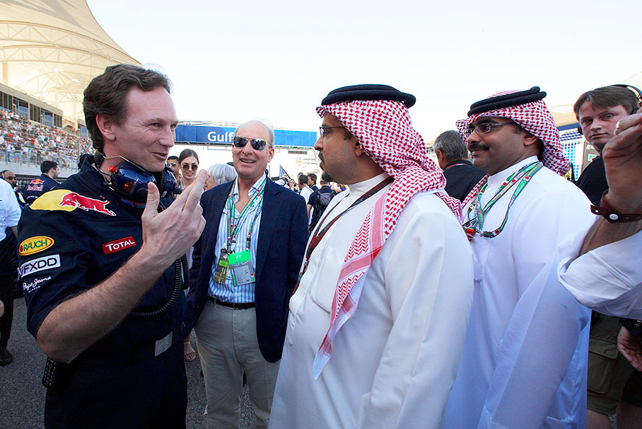 Red Bull team principal Christian Horner chats before the race with HRH Sheikh Salman bin Hamad bin Isa Al Khalifa, Crown Prince of Bahrain