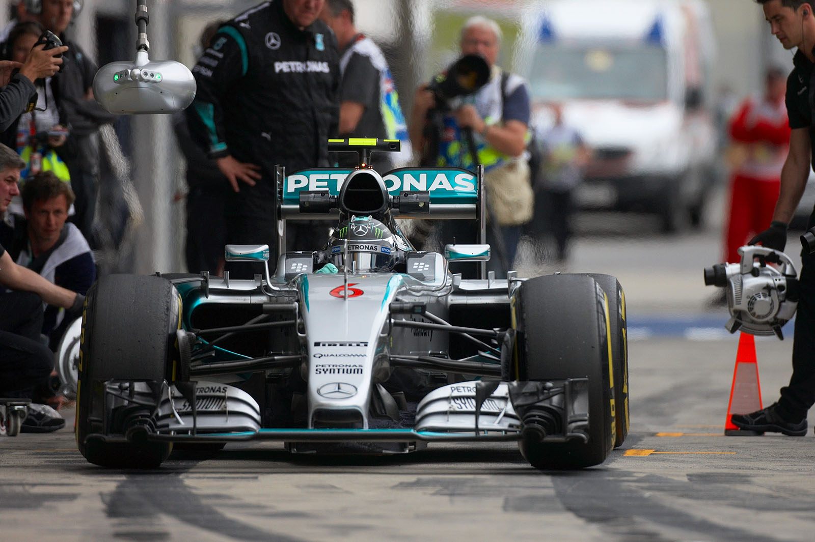 Nico Rosberg, Mercedes, about to leave the pits