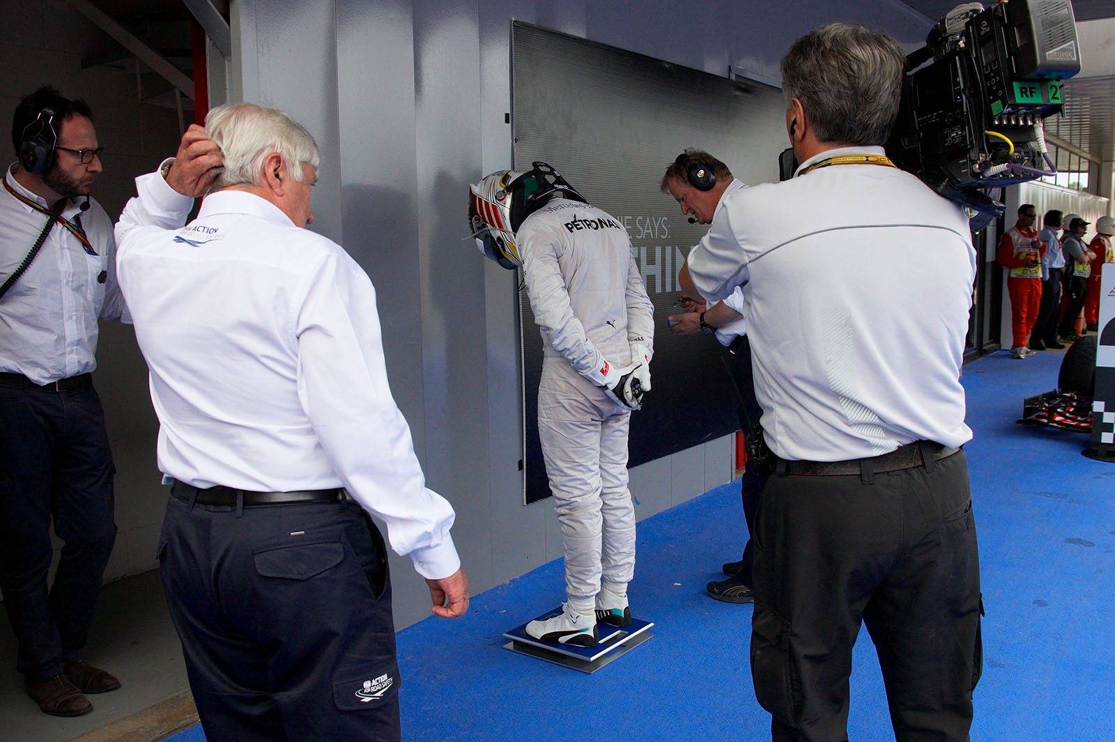 Parc ferme procedure as usual for race winner Lewis Hamilton, Spanish Grand Prix, Barcelona, 2014