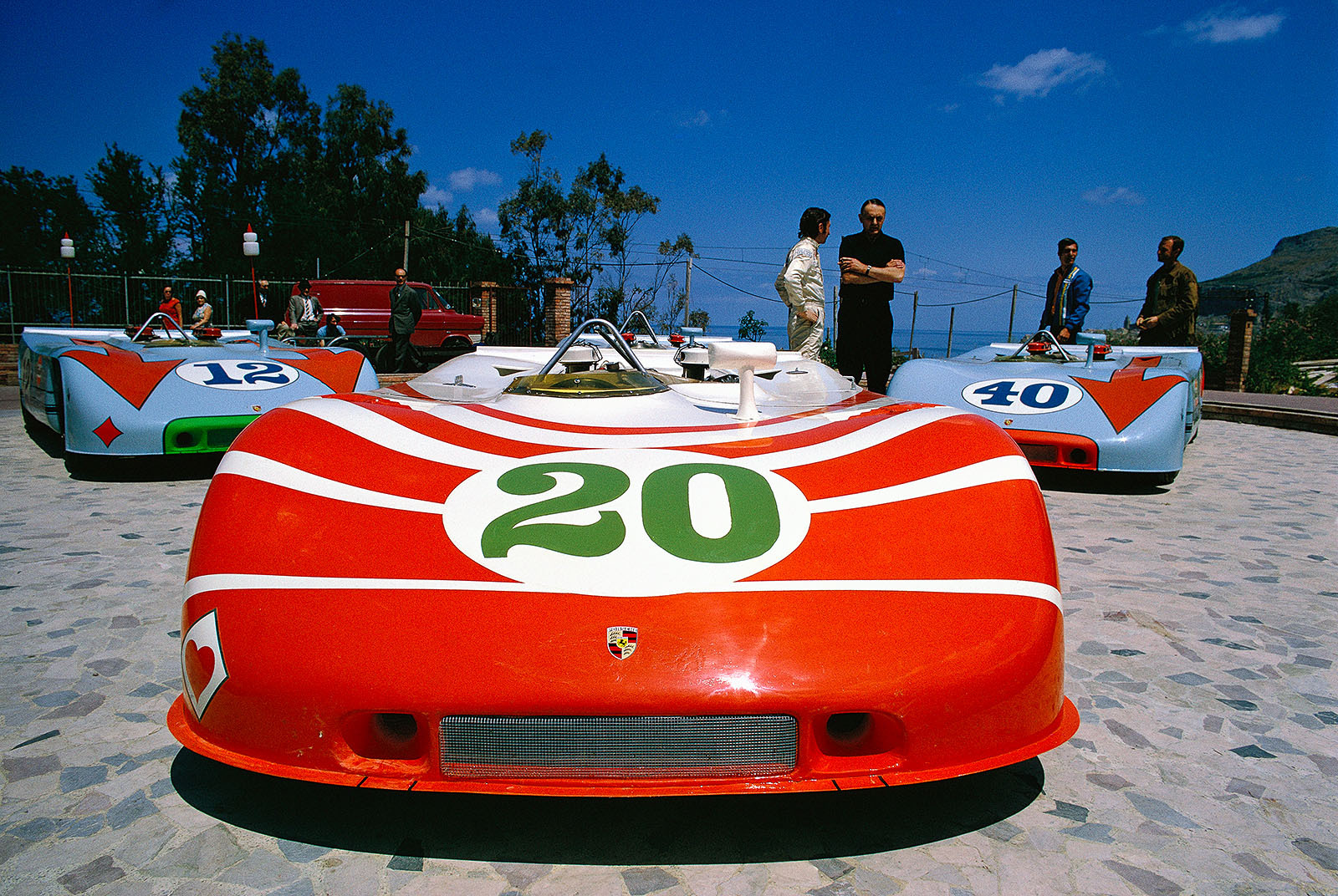 Porsche displays the new 908s - no. 20 Porsche 908/03 #007 (entered by Porsche Salzburg), in the back the two 1-2 winners of the Targa Florio: no. 12 Porsche 908/03 #008 driven by Jo Siffert (CH) and Brian Redman (GB), and no. 40 Porsche 908/03 #009 driven by Leo Kinnunen (SF) and Pedro Rodriguez (MEX), both entered by  J. W. Automotive Engineering