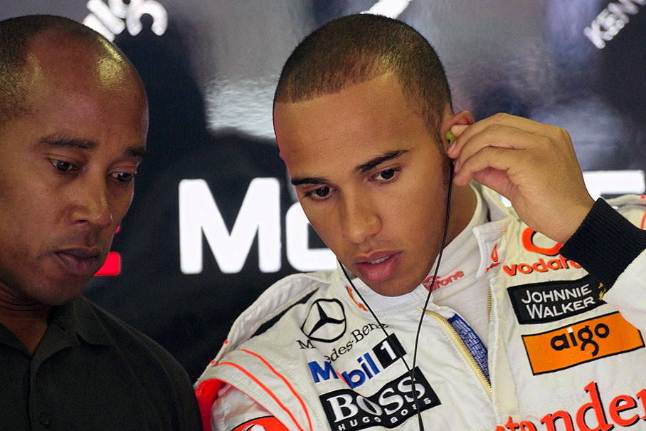 Lewis Hamilton in pits with his father Anthony