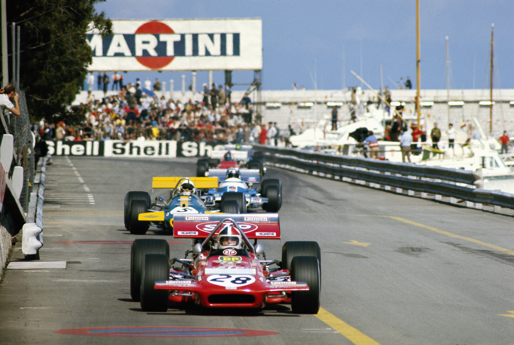 Chris Amon in a March-Cosworth 701 still leads Jack Brabham,  Jean-Pierre Beltoise and Jacky Ickx before retiring with broken suspension in lap 61