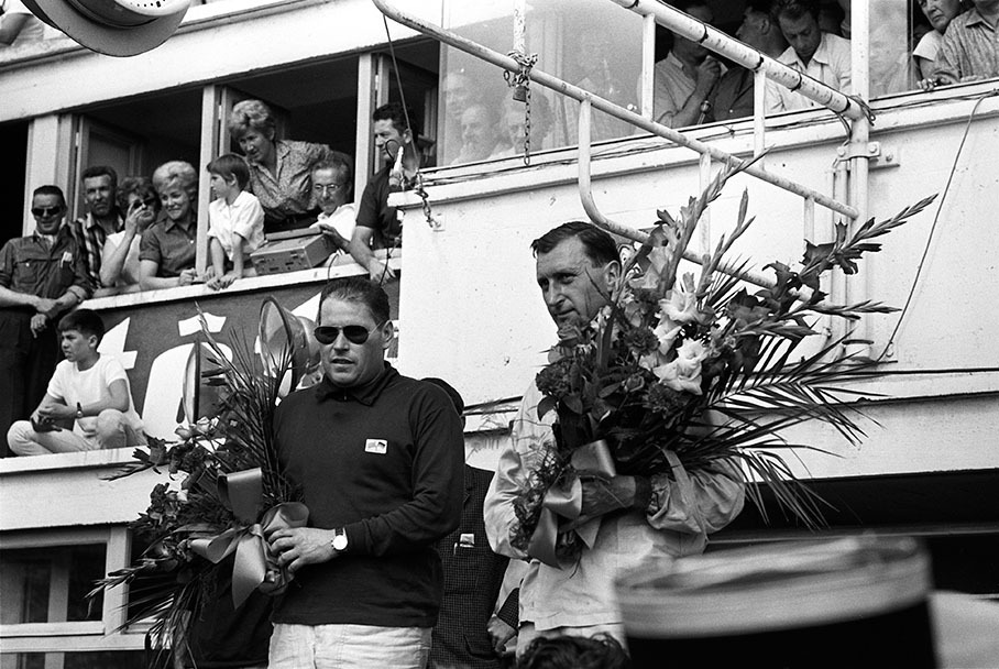 Le Mans 24h 1965 - podium ceremony with Herbert Linge and Peter Noecker, winner in the GT class up to 2000cc with a Porsche 904/6