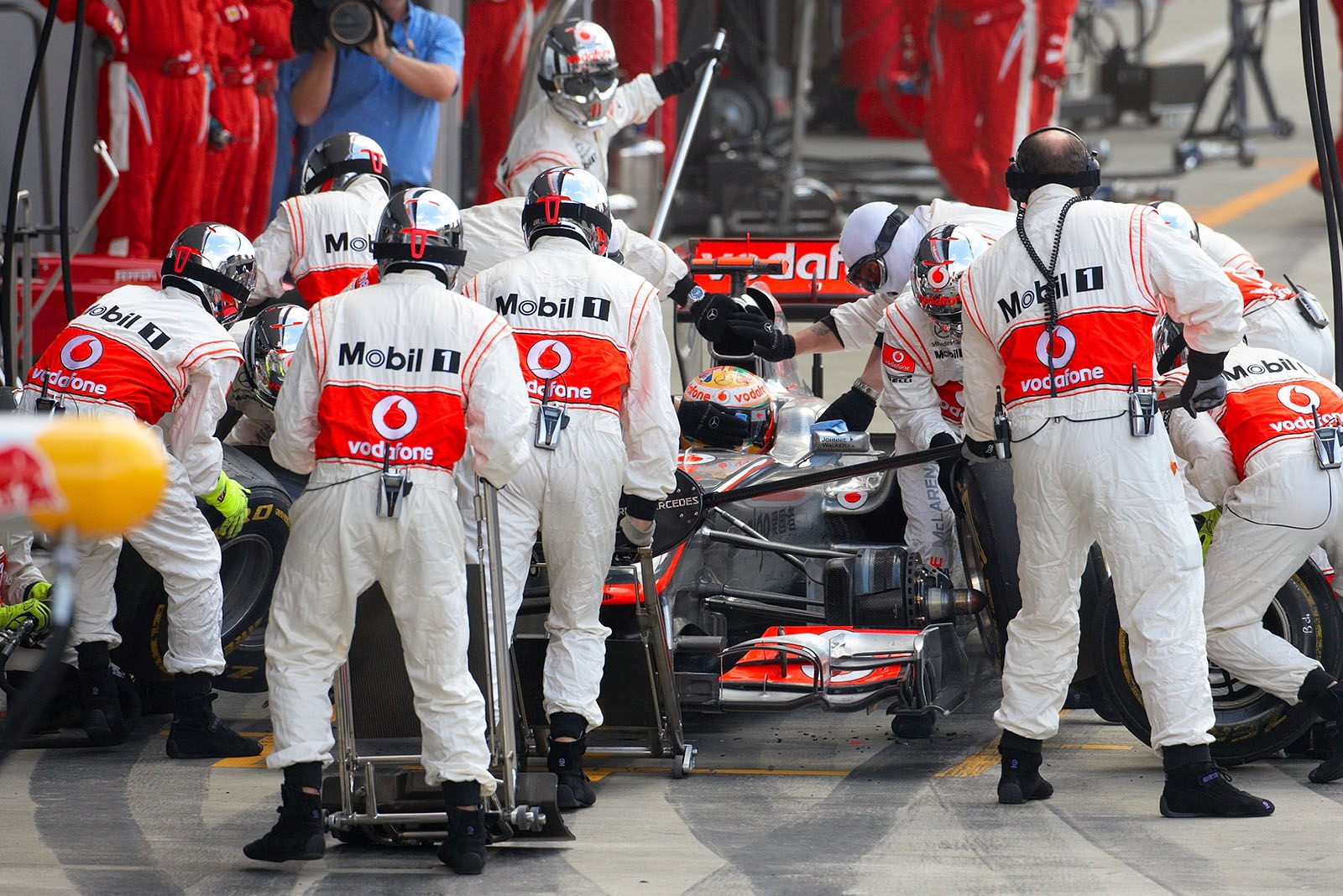 Lewis Hamilton stops at McLaren pits