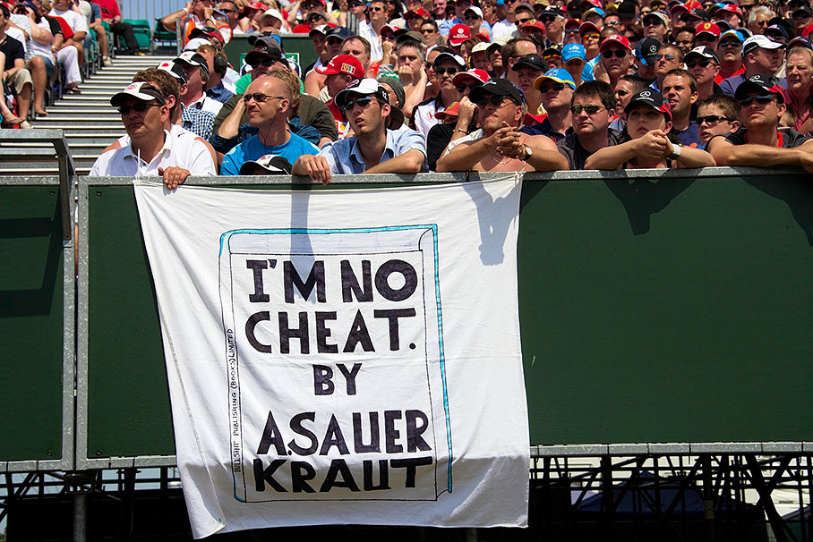 British fans showing their opinion about Schumacher's Monaco incident on a banner