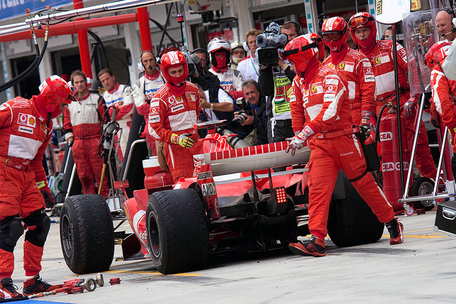 Michael Schumacher retiring 3 laps before finish with a broken track rod after a collision with an overtaking Heidfeld, the intermediates nearly became slicks