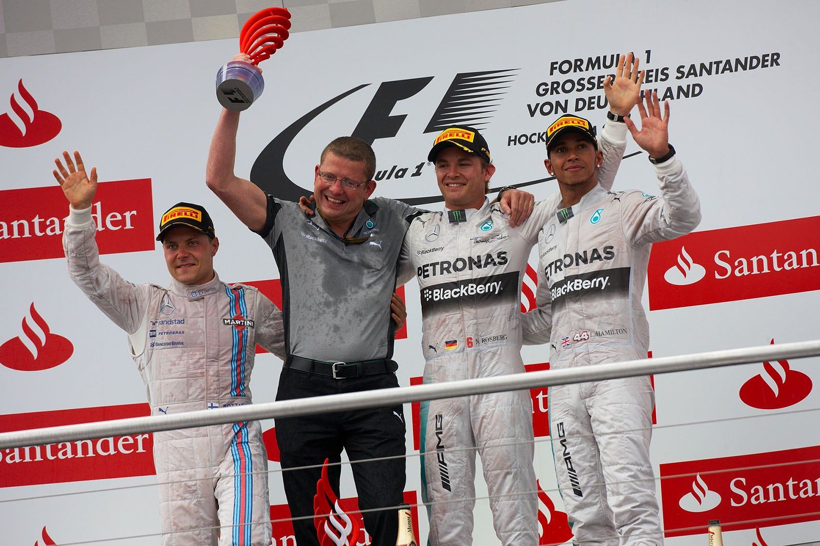 Hockenheim Grand Prix, 2014, podium: 2nd placed Valtteri Bottas, Simon Cole, Mercedes F1 Chief Track Engineer, and both Mercedes drivers, Nico Rosberg and Lewis Hamilton