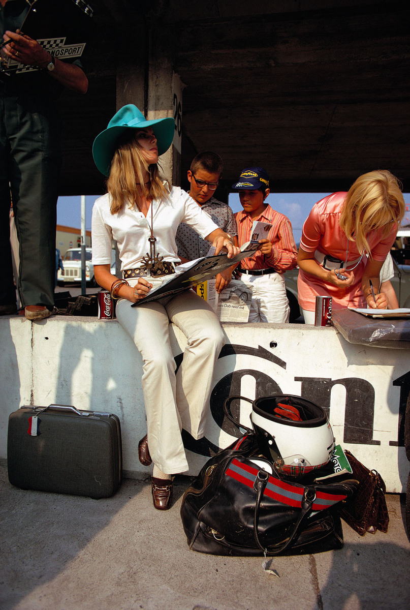 Helen Stewart keeps the lap times of her husband Jackie
