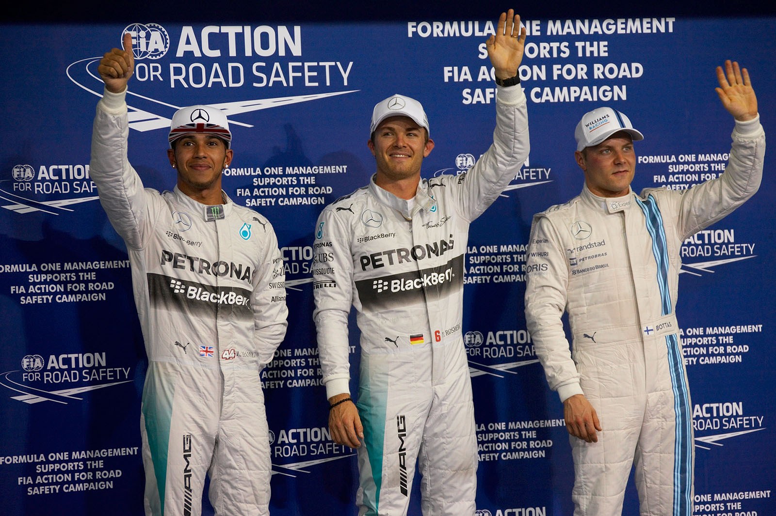 The top three drivers after qualifying: 2nd Lewis Hamilton, 1st Nico Rosberg and 3rd Valtteri Bottas, Abu Dhabi Grand Prix, 2014