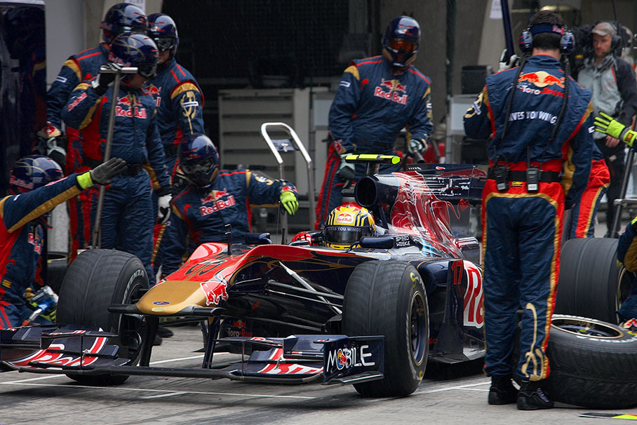Jaime Alguersuari ejects from Toro Rosso pits with a fresh front wing