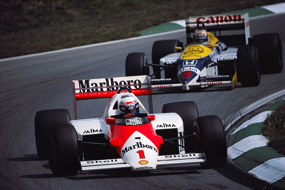 Alain Prost, McLaren TAG-Porsche, leading Nigel Mansell, Williams-Honda