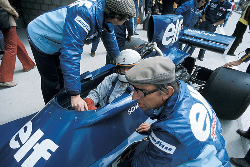 Later third placed Jody Scheckter in the Tyrrell-Cosworth 007 with team boss Ken Tyrrell, Belgian GP Nivelles-Baulers 1974