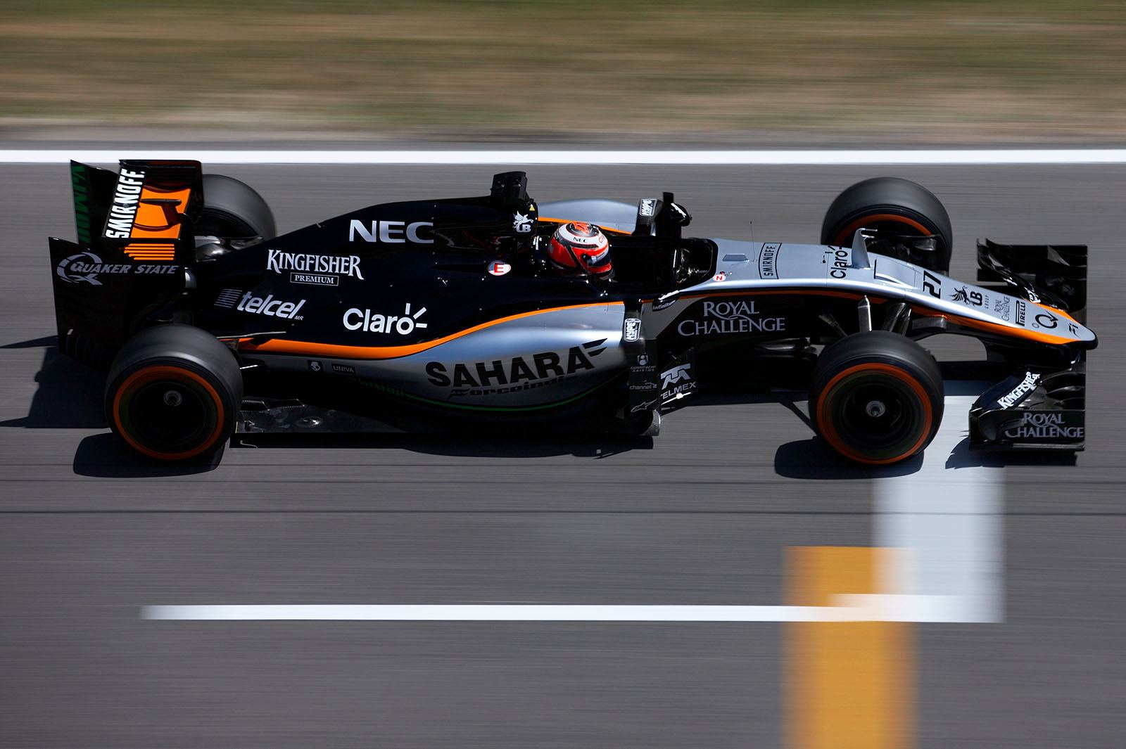 Nico Hulkenberg, Force India-Mercedes, passes the start/finish straight, Spanish Grand Prix, Barcelona, 2015