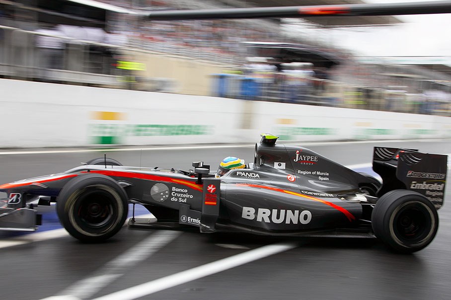 Bruno Senna, Hispania Racing, drives out to a rainy Saturday practice session