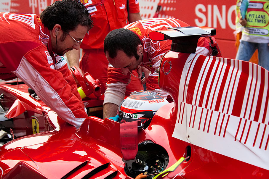 Kimi Raikkonen takes place in the Ferrari car