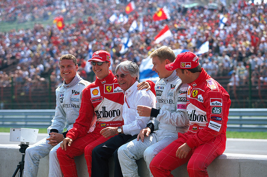 Bernie Ecclestone presents his star drivers and World Championship leaders David Coulthard, Michael Schumacher, Mika Hakkinen and Rubens Barrichello