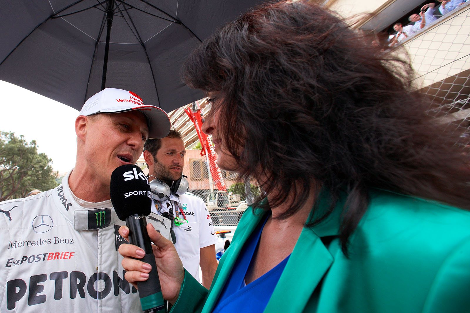Michael Schumacher gives an interview to Sky TV presenter Tanja Bauer