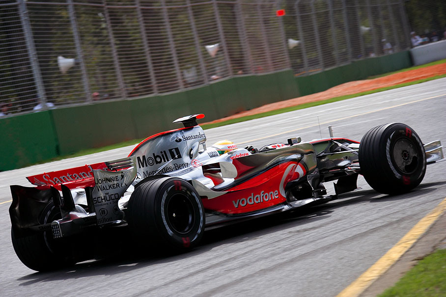 McLaren Mercedes driver Lewis Hamilton turns to first corner