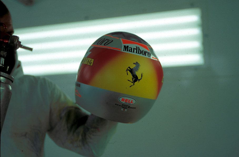 Peter Ginneken of BELL Helmets S.A. making the artwork of the 1998 Suzuka race helmet for Michael Schumacher