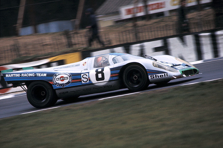 Porsche 917K (car #8) entered by Martini Rossi Racing Team, driven by Vic Elford and Brian Redman, retires with fuel tank leakage