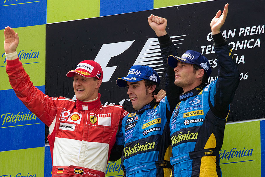 Podium group photo with Michael Schumacher, Fernando Alonso and Giancarlo Fisichella