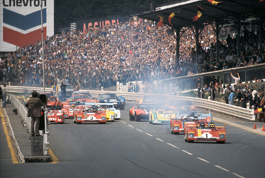 The start of the 1000 km Spa 1972, local hero and later second placed Jacky Ickx in the lead on the Ferrari 312 PB #0888