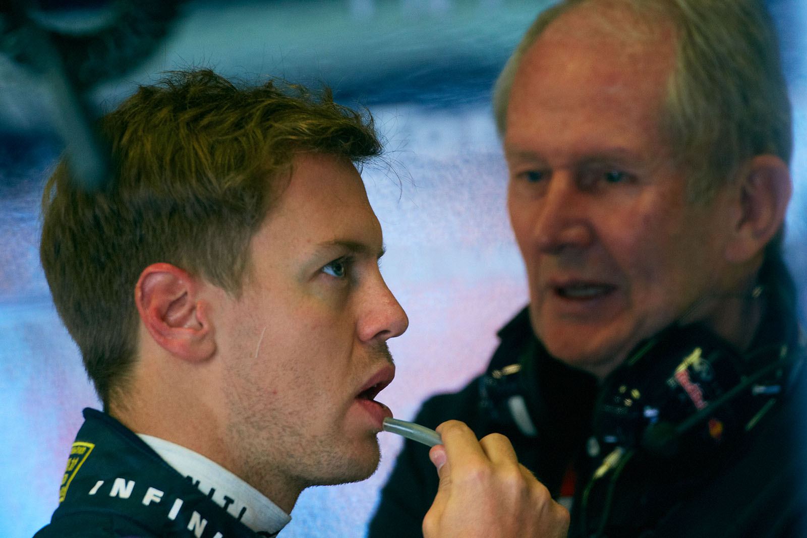 Sebastian Vettel with Dr. Helmut Marko in Red Bull Racing pits