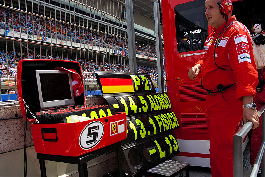 Ferrari pit wall signal preparation for Michael Schumacher