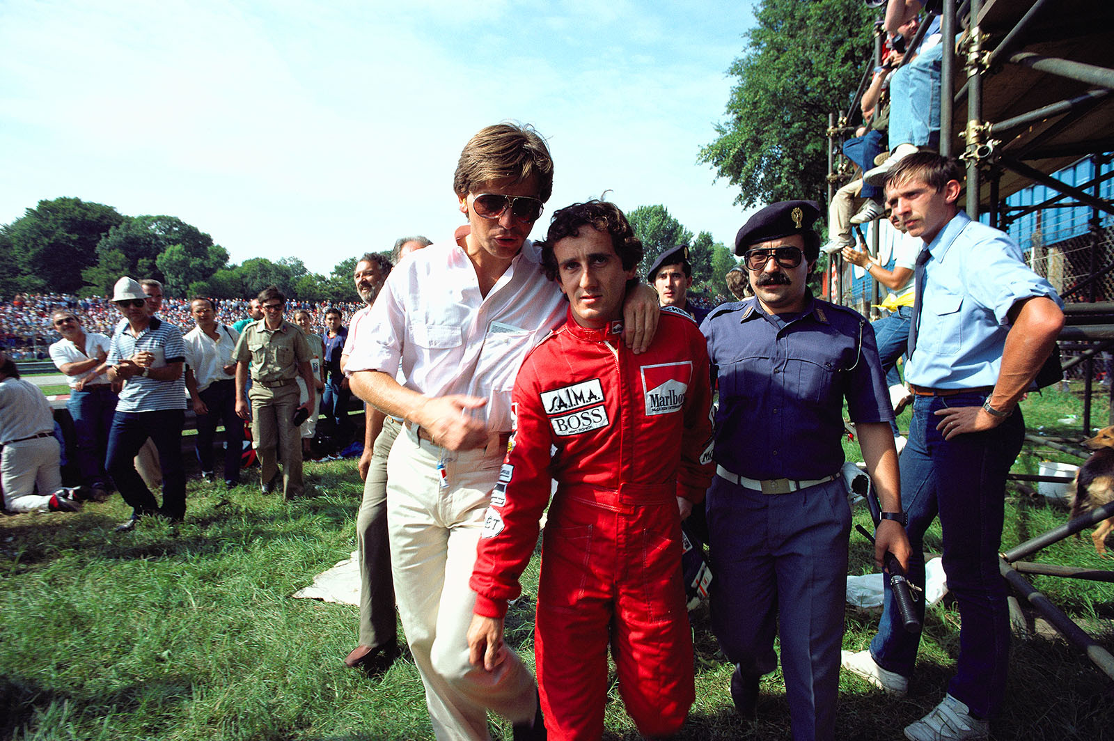 Alain Prost has just retired. His McLaren TAG-Porsche had an engine failure on the 4th lap
