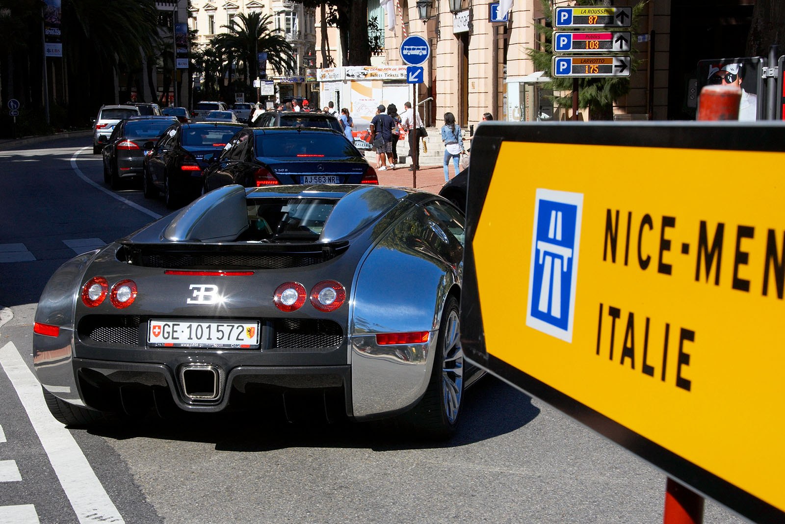 A Bugatti Veyron waits in queue to leave the Principaute after the race weekend.