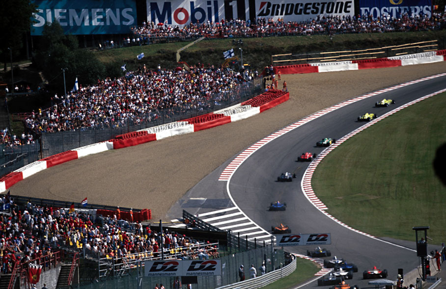 F3000 cars passing famous Radillion (Eau Rouge) corner.