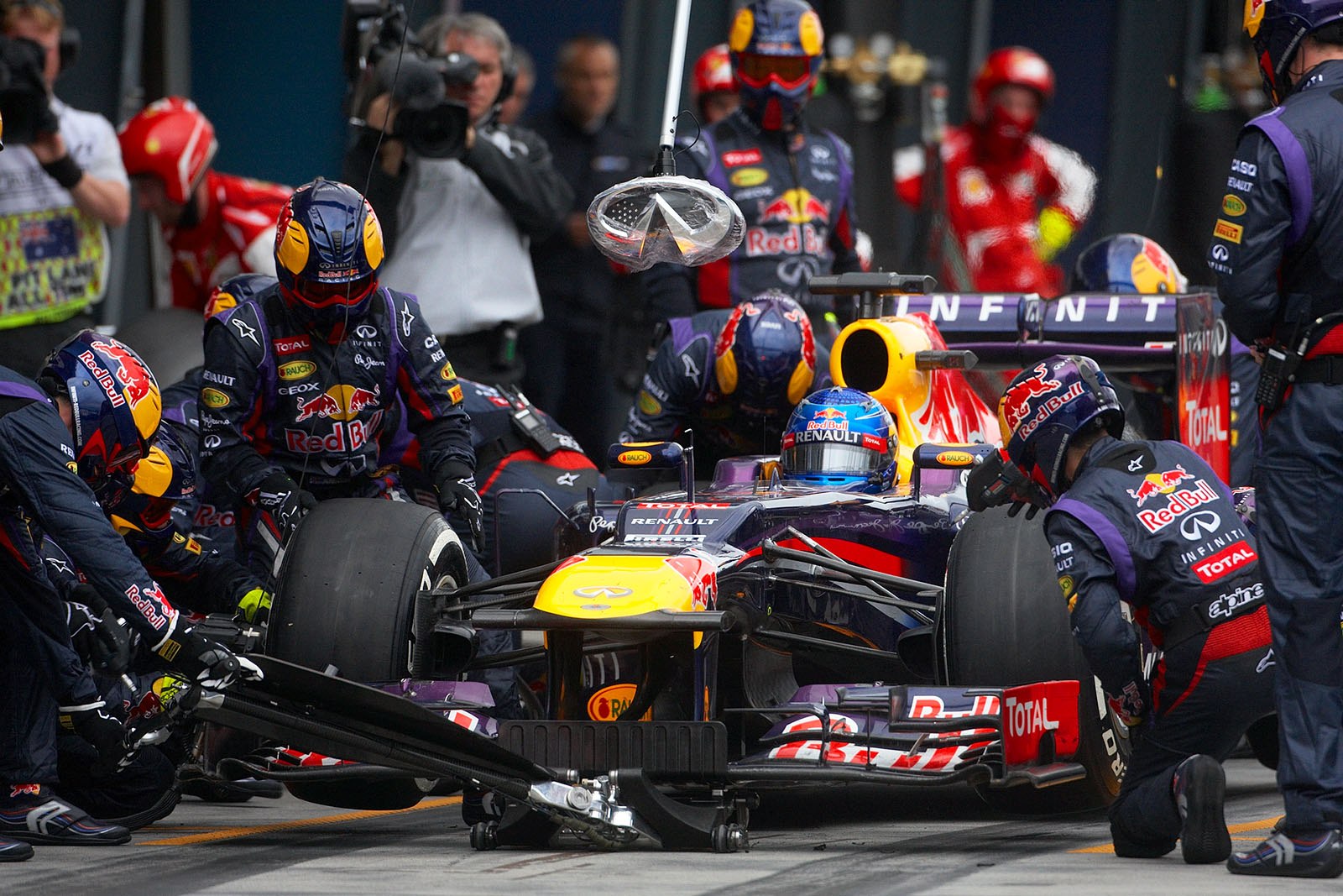 Sebastian Vettel in Red Bull Racing pits