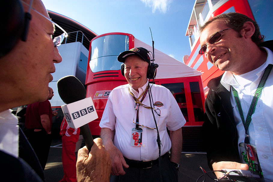 Stirling Moss and legendary John Surtees prepare an interview for BBC
