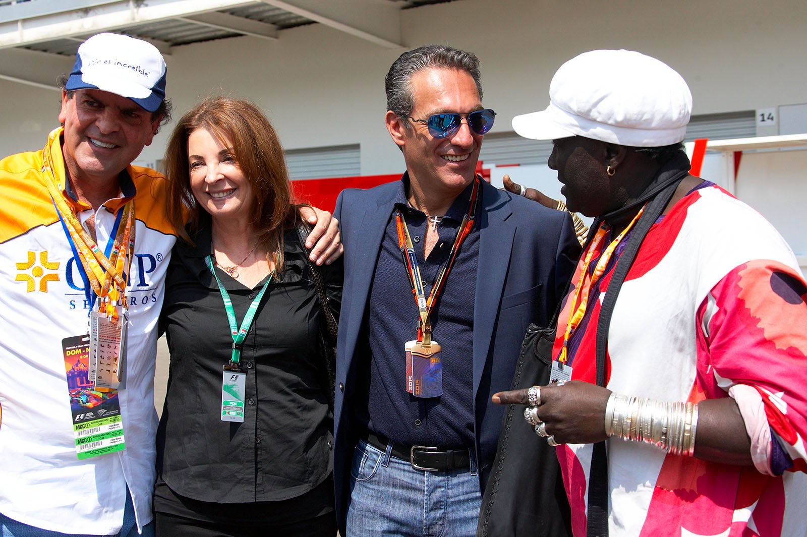 Mexican business man Alejandro Bailleres, Martine Kindt Cohen, CEO of Bell racing helmets, Carlos Slim Domit, son of Mexican business magnate Carlos Slim Helu, and bijou designer Moko, Mexican Grand Prix, 2015