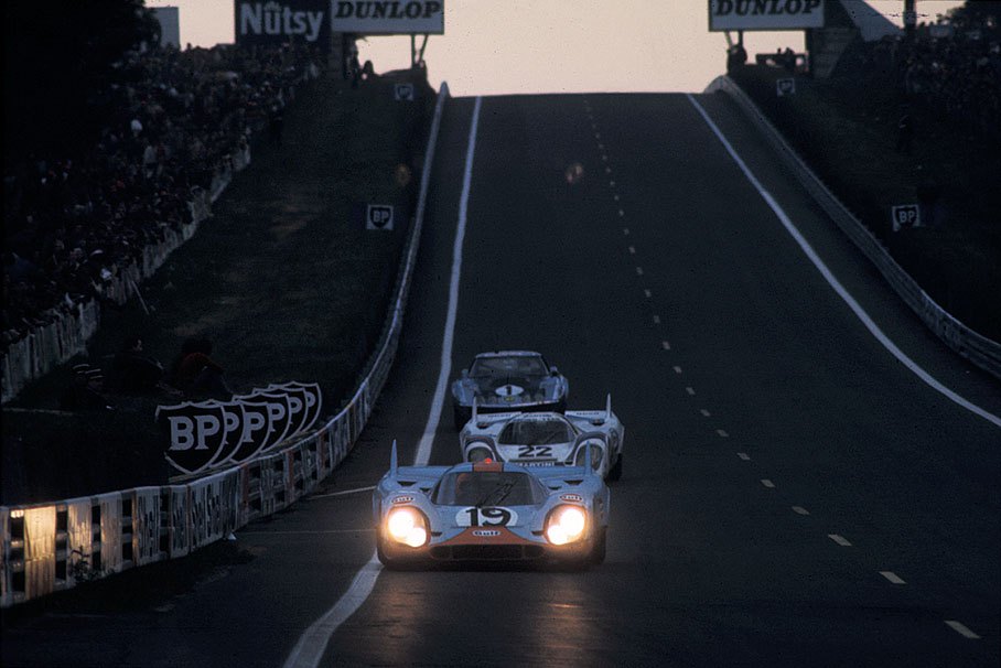 The second placed Porsche 917K 031-&gt;026 of Richard Attwood (GB) and Herbert Müller (CH) in front of the later winning Porsche 917K 053 of Helmut Marko (A) and Gijs van Lennep (NL), and another etiring Chevrolet Corvette 194378S410300