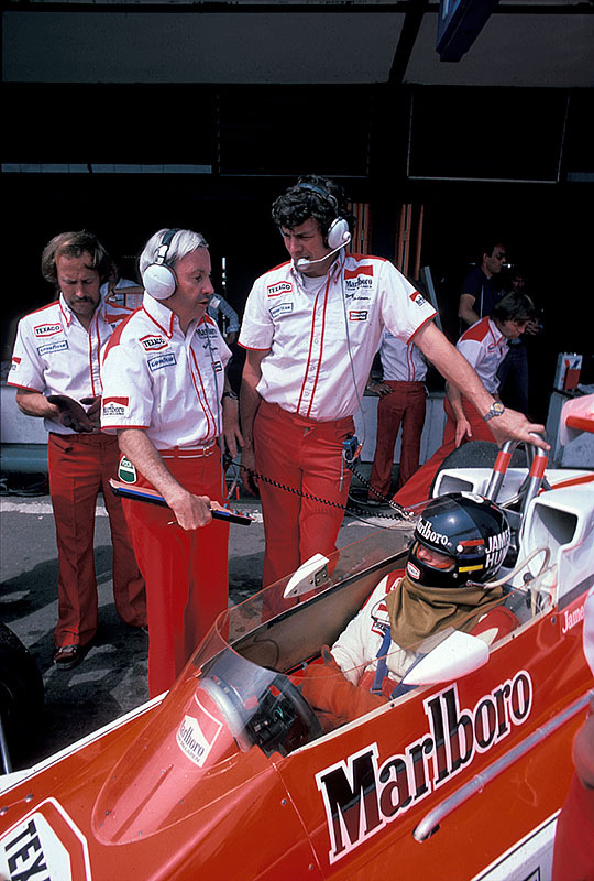 McLaren team boss Teddy Mayer besides James Hunt on McLaren-Cosworth, Spanish GP Jarama 1978