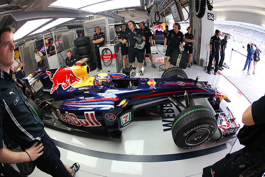 Mark Webber ejects from Red Bull Racing pits to practice session
