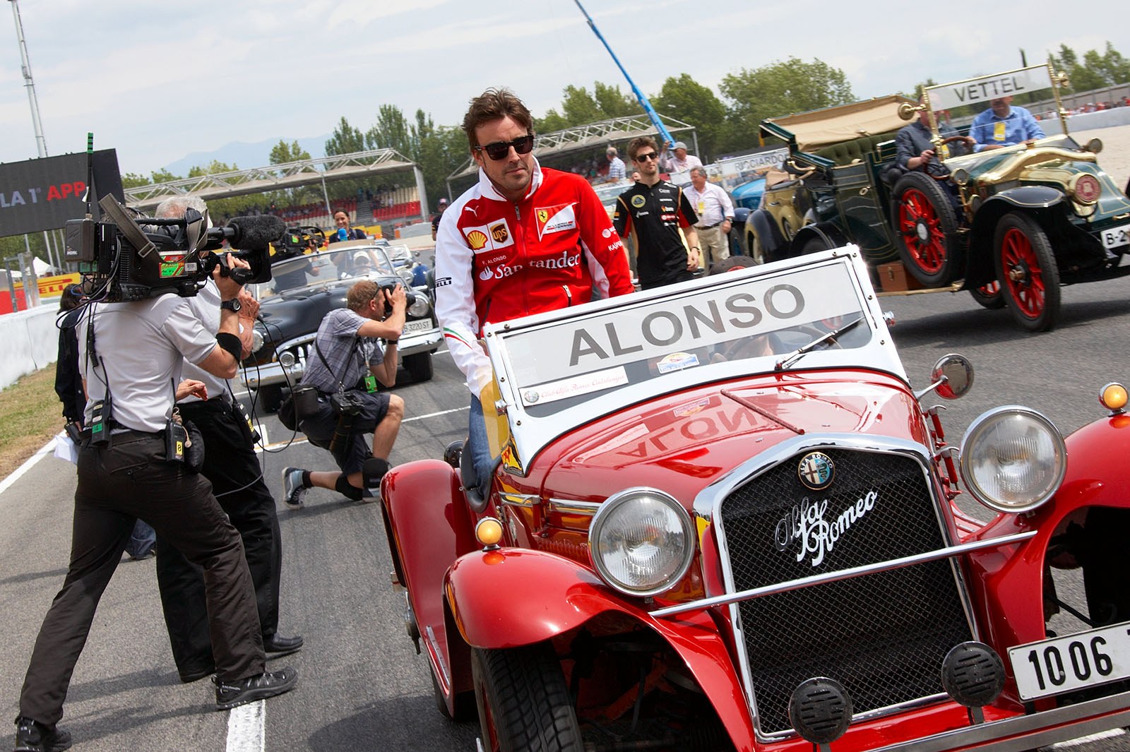Fernando Alonso, Spaniard and local Ferrari driving hero, back from drivers parade, Spanish Grand Prix, Barcelona, 2014