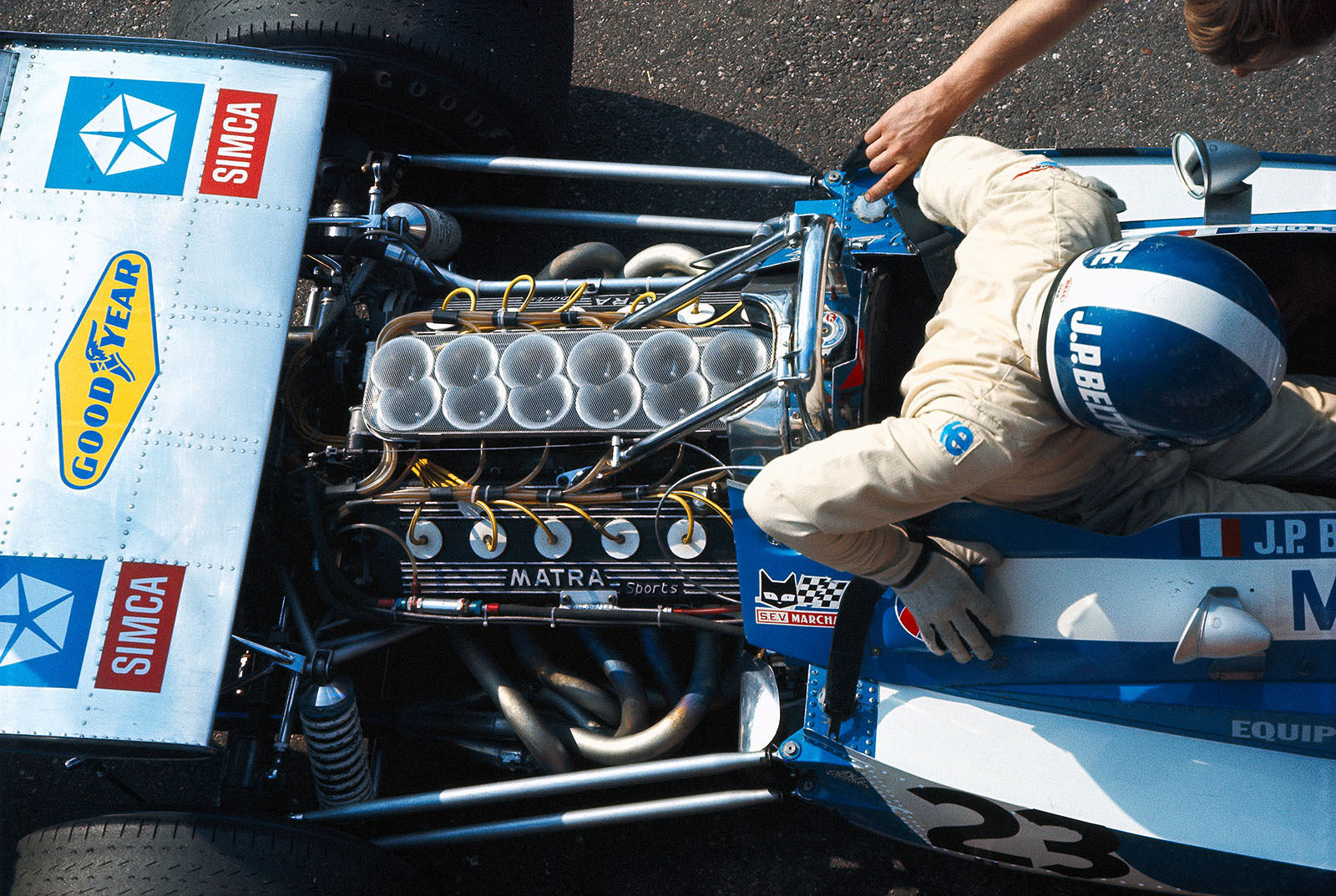 Jean-Pierre Beltoise seats into the Matra-Simca MS120, Dutch Grand Prix, Zandvoort, 1970