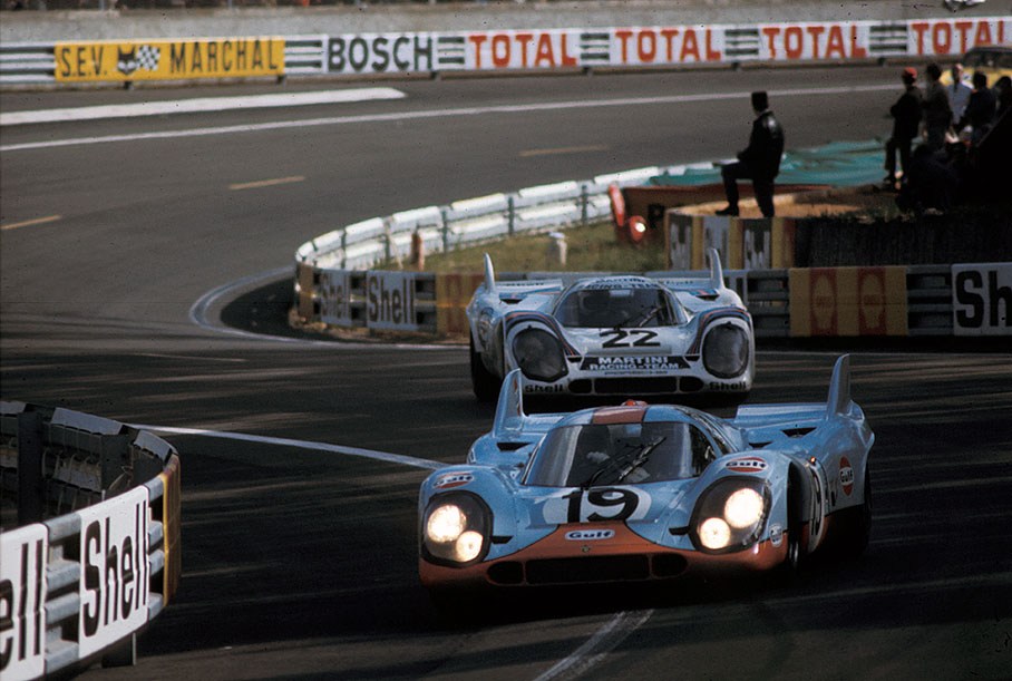 The Porsche 917K #031/026 of J. W. Automotive Engineering driven by Richard Attwood (GB) and Herbert Müller (CH) will become second placed after 24hrs, here it is seen in front of the later winning Porsche 917K driven by Helmut Marko and Gijs van Lennep