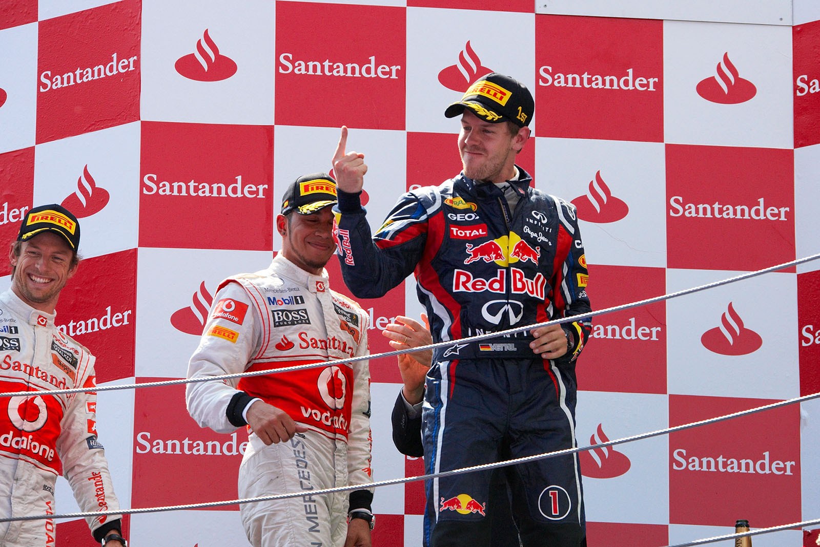 The winning driver Sebastian Vettel on podium.
