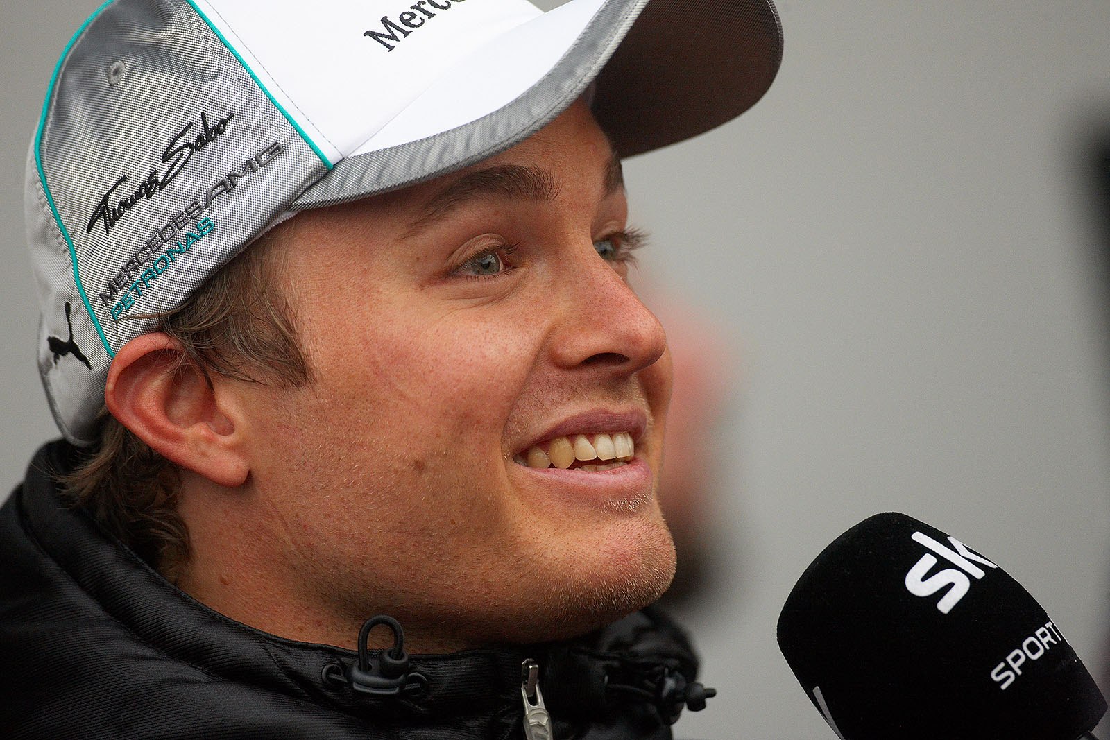 Mercedes race driver Nico Rosberg gives an interview after his epic victory