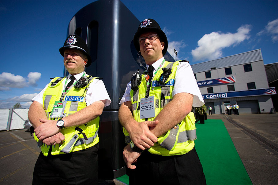 Two 'Bobbies' represent law and friendliness at the paddock entrance