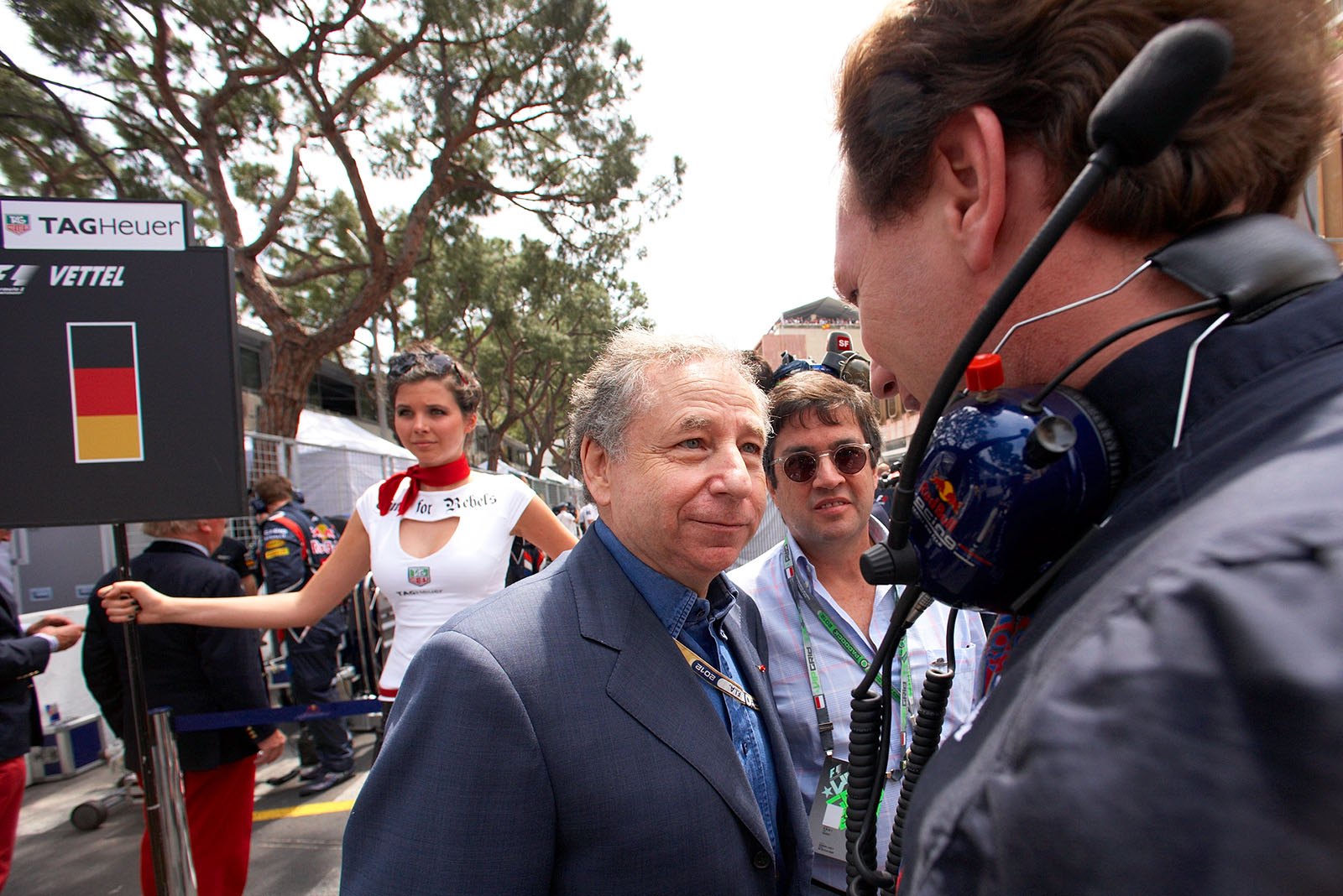 FIA president Jean Todt talks with Red Bull team boss Christian Horner