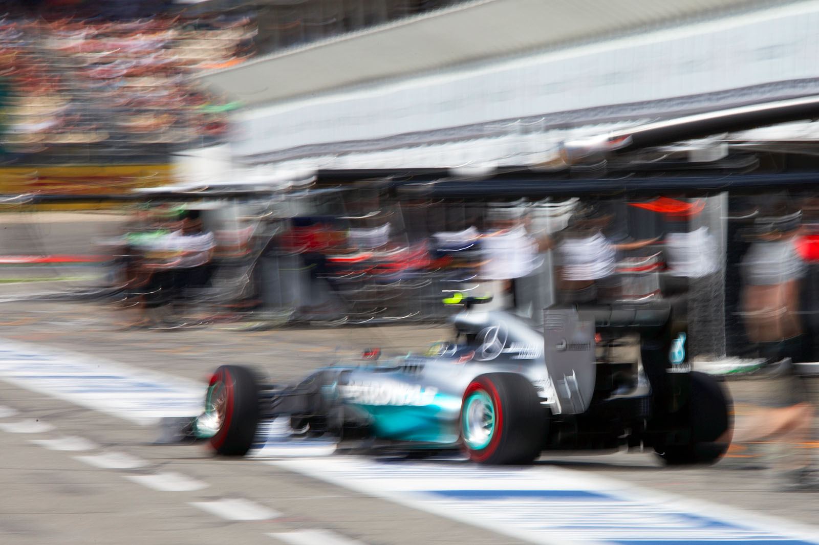 Nico Rosberg, Mercedes, out of the pits for qualifying, Hockenheim, German Grand Prix, 2014