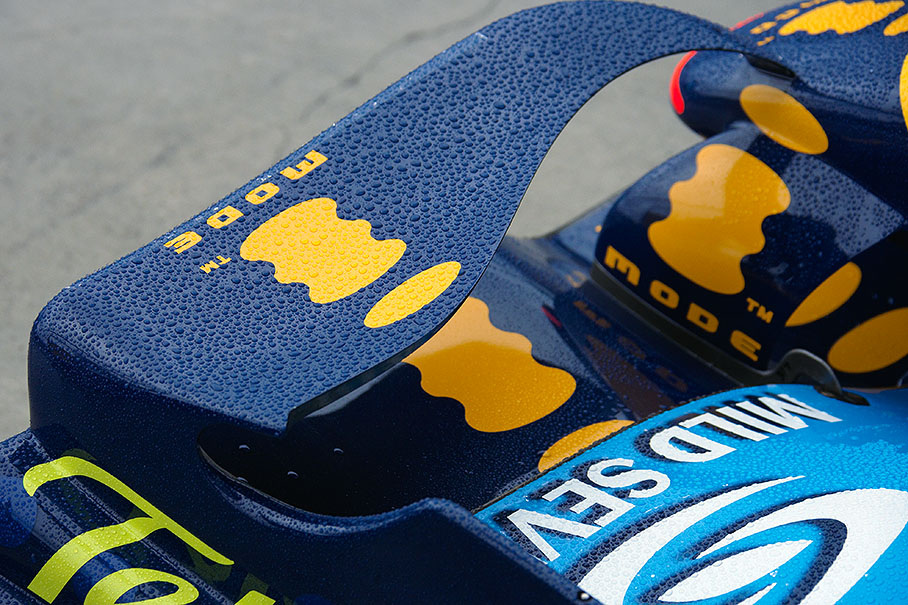 Raindrops on a polished Renault front wing