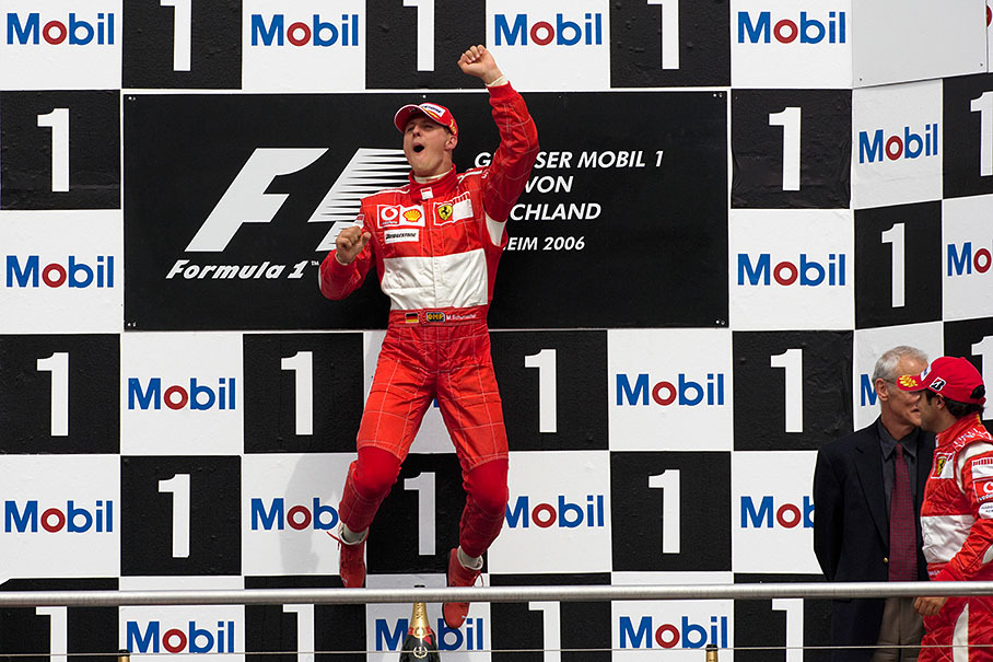Michael Schumacher's usual podium jump