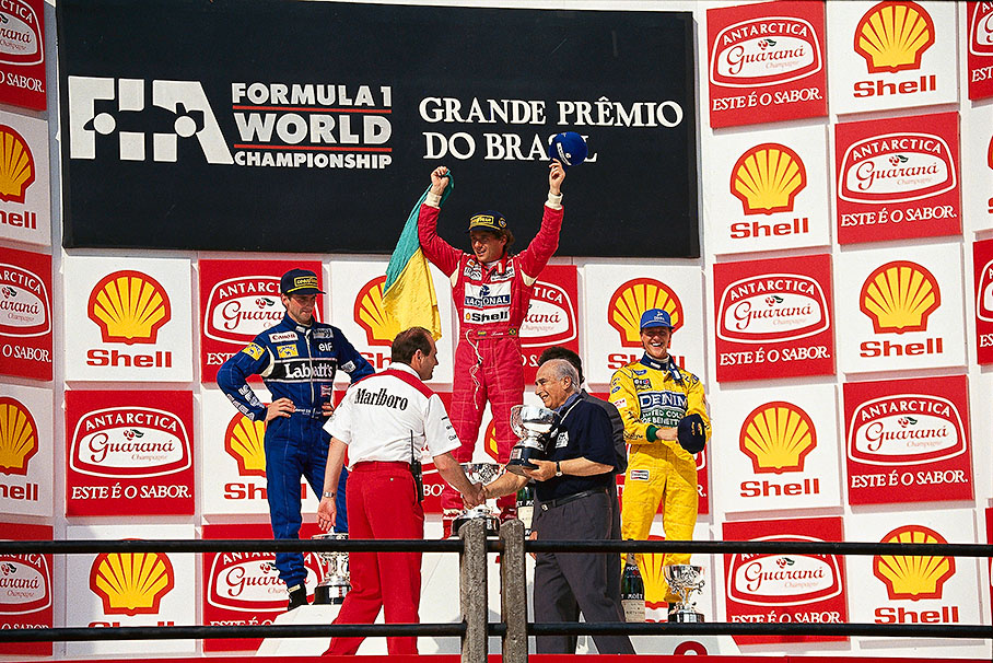 Ayrton Senna wins the Brazilian GP 1993, Damon Hill becomes second, Schumacher third