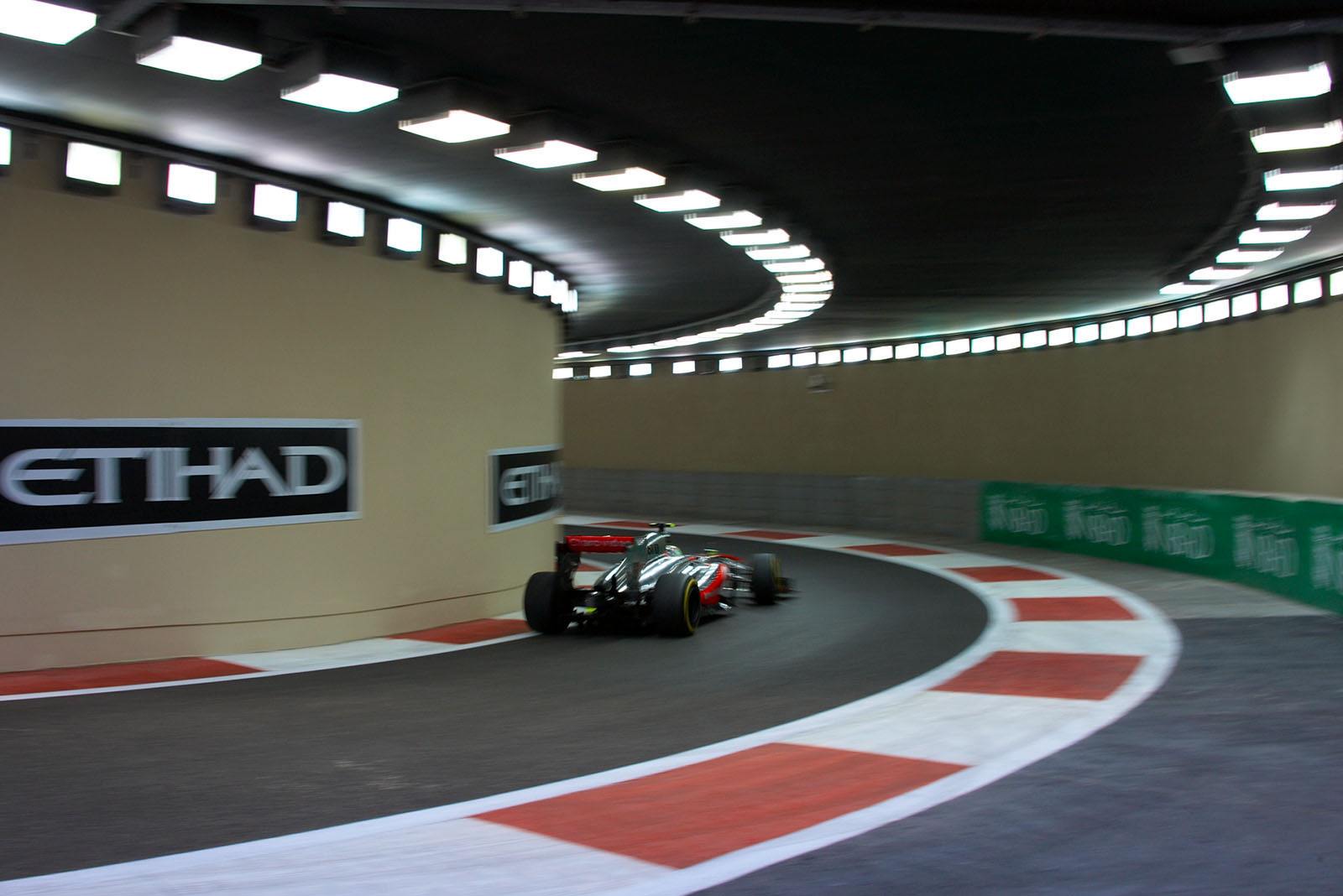Sergio Perez, McLaren-Mercedes, in Abu Dhabi's tricky pit lane tunnel